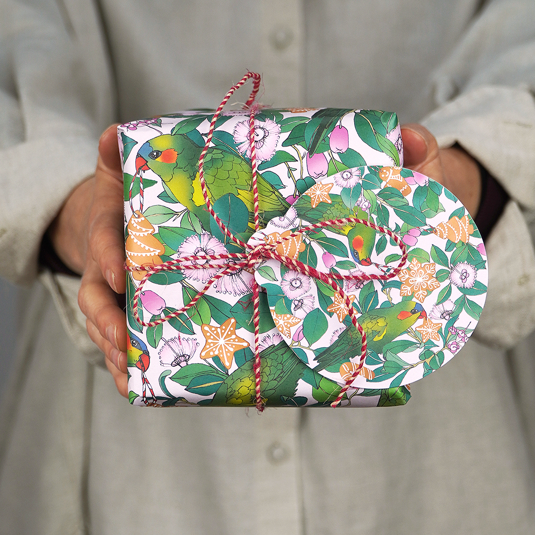 Flat Christmas Wrapping Paper - Lorikeets & Lilly Pilly 